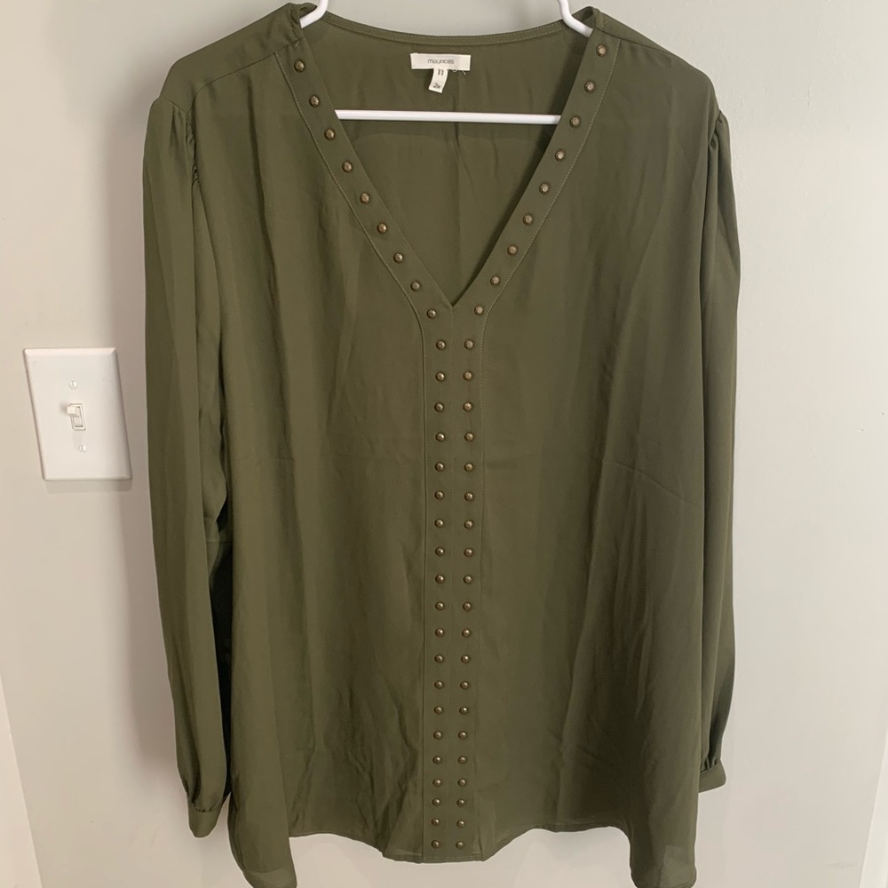 Plus Size Atwood Office Top Olive Green Bronze Studded Detail Tunic Blouse 2X